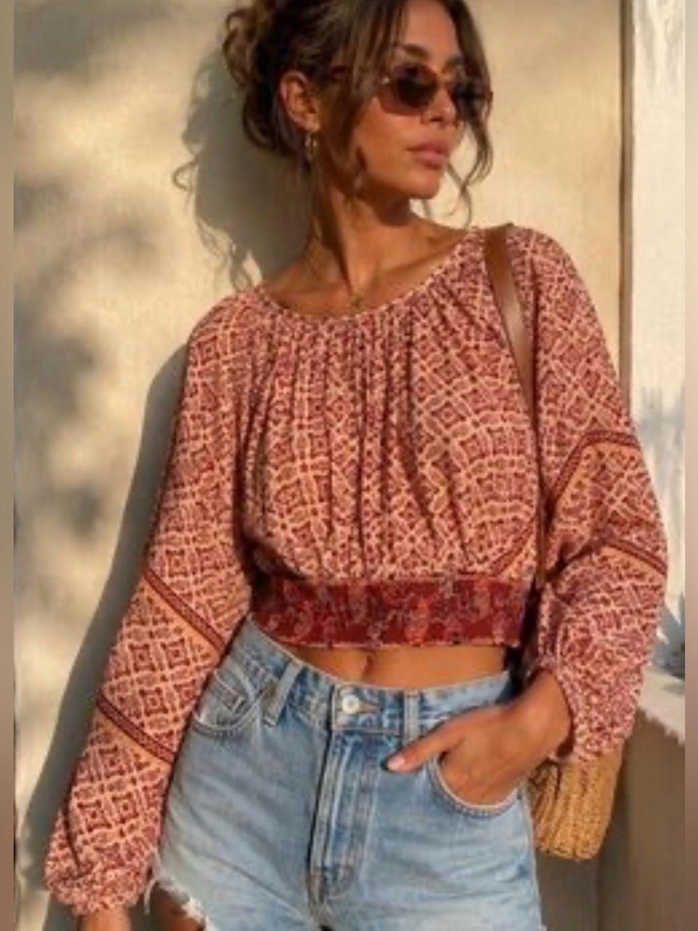 Patrons of Peace Cream and Red  Smocked Crop Top Elastic Waist Ballon Sleeves XS